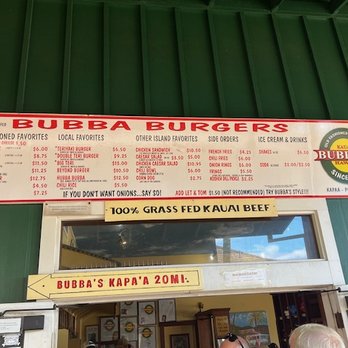 Bubba Burgers - Menu board - Burgers Near Me - Kapaa, Hawaii