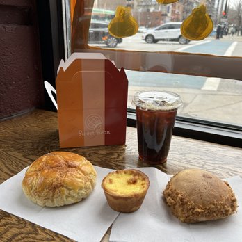Sweet Bean - Salted Egg Yolk Bolo Bun (left), Egg Tart (middle), and Taro Mochi and Pork Floss Bun (right) - Bakeries Near Me - Chicago, Illinois