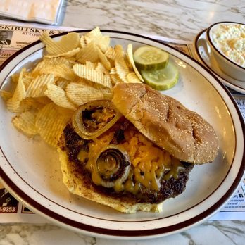 D's Diner - Cheeseburger with sautéed onion rings (a special request) and coleslaw. - American Near Me - Wilkes-Barre, Pennsylvania