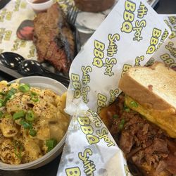 Smith Spot BBQ - Lady Mel (brisket grilled cheese), Mac N Cheese, brisket, Baked Beans