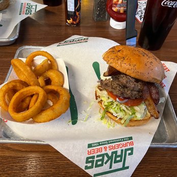 Jakes Burgers and Beer - Black & Bleu burger with ring. Wow! - Bars Near Me - Mansfield, Texas