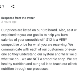 Brownsburg Energy Spot & Nutrition - Here's the response from the owner.