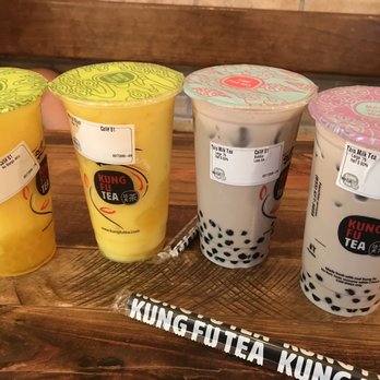 Kung Fu Tea - Mango slush with mango boba, mango slush regular, 2 taro teas half sugar and half ice. - Bubble Tea Near Me - Centreville, Virginia