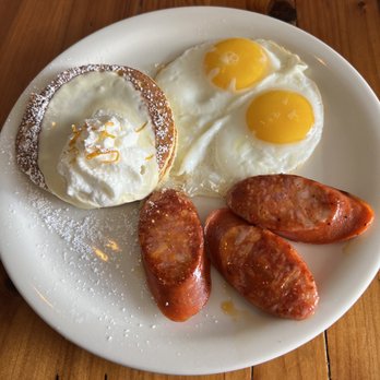 Moke’s Bread And Breakfast - Lilikoi Pancakes with Eggs and Portuguese Sausages - Breakfast & Brunch Near Me - Honolulu, Hawaii