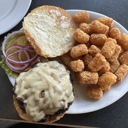 Tommy J's Grill & Catering - Swiss 'N' Shroomer Burger - Sautéed Mushroom, Onion, Swiss, Thousand Island & Mayo with Tater Tots