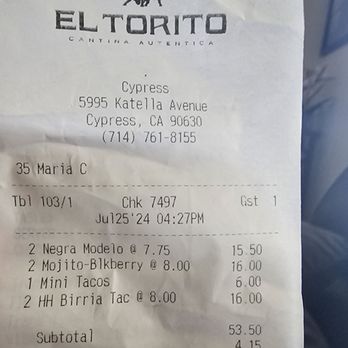 El Torito - Receipt - Mexican Near Me - Cypress, California El Torito - Receipt - Mexican Near Me - Cypress, California