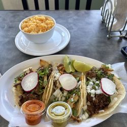 Little Mexico - Pictured is the Beef, chicken and Barbacoa tacos with rice.
