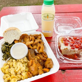 Vegelicious - Soul Food Plate with vegan Fried Chicken instead of BBQ chicken. Greens, Yams, Mac & Cheese, a roll,Strawberry Cake and Ginger Beer - Vegan Near Me - Nashville, Tennessee Vegelicious - Soul Food Plate with vegan Fried Chicken instead of BBQ chicken. Greens, Yams, Mac & Cheese, a roll,Strawberry Cake and Ginger Beer - Vegan Near Me - Nashville, Tennessee