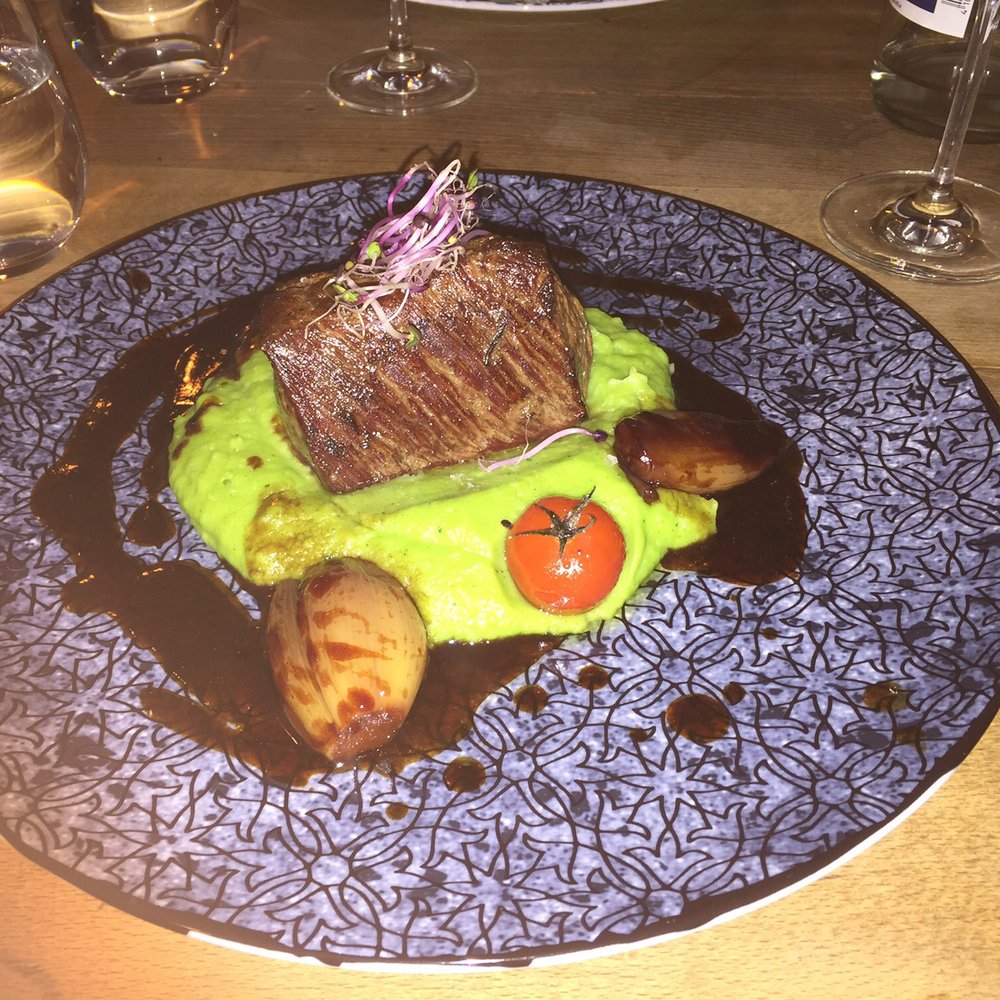 Traube - The rump steak with green mashed potatoes. - German Near Me - Heidelberg, BW Traube - The rump steak with green mashed potatoes. - German Near Me - Heidelberg, BW