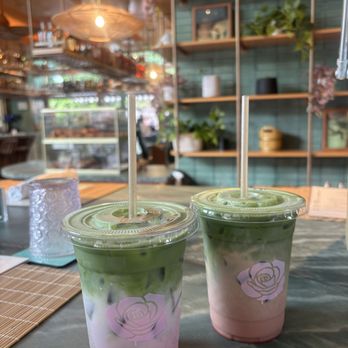 Rose Cafe - Strawberry rose matcha with pistachio milk - Cafes Near Me - Dallas, Texas