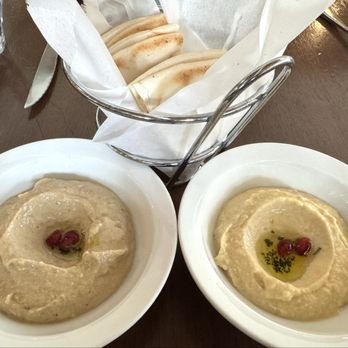 Levant Bistro + Bake Shop - Classic Hummus (right) and baba ghanoush (left). - Gluten-Free Near Me - Los Angeles, California