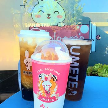 Ume Tea - White Peach Oolong Milk Tea w/Mochi(Front) White Peach Green Tea with Cheese Top(Back Left) Four Seasons Grape Tea w/Tea Jelly(Back Right) - Coffee & Tea Near Me - Cupertino, California Ume Tea - White Peach Oolong Milk Tea w/Mochi(Front) White Peach Green Tea with Cheese Top(Back Left) Four Seasons Grape Tea w/Tea Jelly(Back Right) - Coffee & Tea Near Me - Cupertino, California