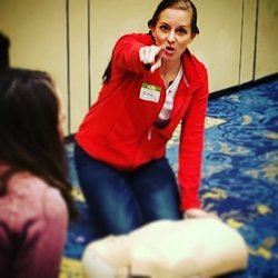 Aplomb Medical Training Center - A student puts into practice what she has learned by telling a bystander to call 911 and bring her back an AED.