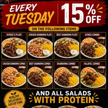 Grand Shawarma - Our Tuesday 15% off for any Wraps Combo, Salad with portion, and Plates. - Mediterranean Near Me - Sun City, Arizona Grand Shawarma - Our Tuesday 15% off for any Wraps Combo, Salad with portion, and Plates. - Mediterranean Near Me - Sun City, Arizona