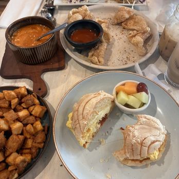 Cielito Cafe - Sopes de pollos, sopa de letras, a side of potatoes, chicharrones, and the Cielito Sandwich - Breakfast & Brunch Near Me - Houston, Texas