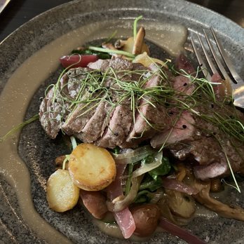 Heritage - My disappointing steak on top of yummy sauces and veggies. - New American Near Me - Richmond, Virginia