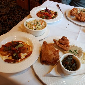 Rose Villa Southern Table & Bar - Shrimp & grits, fried chicken with mashed potatoes and collards, side sweet slaw - Southern Near Me - Ormond Beach, Florida