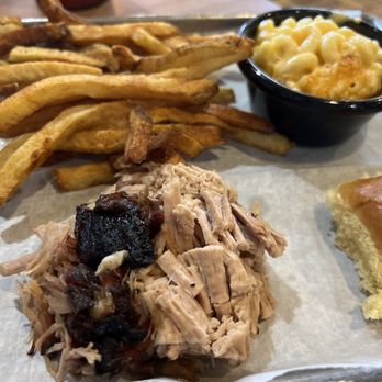 Big Bob Gibson Bar-B-Q - BBQ Pork Platter ($9.59) - fries and Mac & cheese. Pork was a little on the lean/dry side but still good flavor. Mac & Cheese is very good! - Barbeque Near Me - Decatur, Alabama