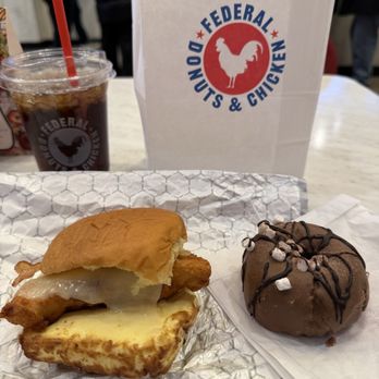 Federal Donuts & Chicken - The Early Bird Sandwich, Hot Cocoa donut, and fountain drink - Chicken Shop Near Me - Philadelphia, Pennsylvania