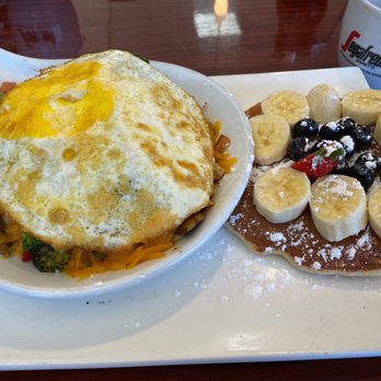 London Cafe - Mixed Veggies skillet (my preference: eggs over hard) with pancake. - Breakfast & Brunch Near Me - Houston, Texas London Cafe - Mixed Veggies skillet (my preference: eggs over hard) with pancake. - Breakfast & Brunch Near Me - Houston, Texas