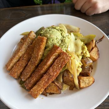 Vertical Diner - Tempeh Bacun, Guacamole, Tofu Scramble, Country Potatoes, Cheeze Sauce, onions and peppers - Vegan Near Me - Portland, Oregon Vertical Diner - Tempeh Bacun, Guacamole, Tofu Scramble, Country Potatoes, Cheeze Sauce, onions and peppers - Vegan Near Me - Portland, Oregon