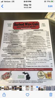 Menu photo 7 Barbed Wire Cafe Plainwell, MI