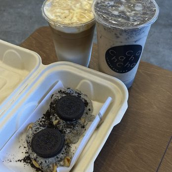 ChaChaCha - vanilla einspanner (small cup)  Panda Toffee Caramel Milk Tea (Boba & Agar)  Oreo Sesame Croffle - Desserts Near Me - Fremont, California