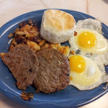 Moonlite Diner - Two eggs with meat (turkey sausage), with biscuit and home fries - Diners Near Me - Hollywood, Florida Moonlite Diner - Two eggs with meat (turkey sausage), with biscuit and home fries - Diners Near Me - Hollywood, Florida