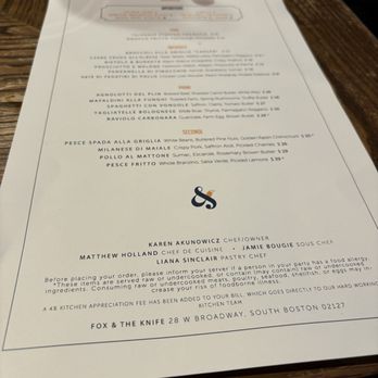 Fox & The Knife - The menu. You might recognize the chef's name from Top Chef or even Food Network. - Wine Bars Near Me - Boston, Massachusetts Fox & The Knife - The menu. You might recognize the chef's name from Top Chef or even Food Network. - Wine Bars Near Me - Boston, Massachusetts