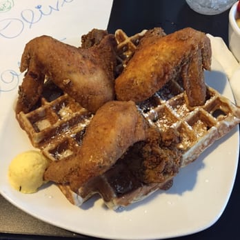 Dame's Chicken & Waffles - Wings, blueberry waffle, peach smear - Southern Near Me - Durham, North Carolina