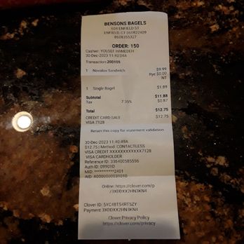 Benson's Bagels - a receipt on a counter - Bagels Near Me - Enfield, Connecticut