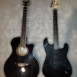 Recycled Rock N Roll - Yamaha APX-7 that needed electrical repair and a Squier Bullet Stratocaster that received a standard setup.