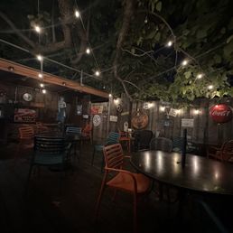 Patio dining area at night