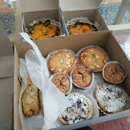 Bakewell Tart, frangipane blueberry tart, sausage rolls, bread pudding muffins, quiches!