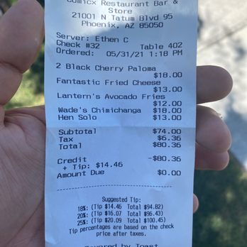 ComicX Restaurant Bar & Store - Receipt for proof - American Near Me - Phoenix, Arizona