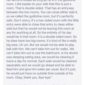 A Pet Villa - The manager left this voicemail of how my Cattledog would be boarded for 10 days. - Pet Boarding Near Me - Santa Clara, California