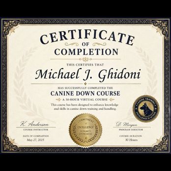 Specialized K9 Training - My 2026 K9 Down Course Cert. It is something important to me seeing i offer to take dogs that are recovering after any medical procedures. - Pet Training Near Me Specialized K9 Training - My 2026 K9 Down Course Cert. It is something important to me seeing i offer to take dogs that are recovering after any medical procedures. - Pet Training Near Me