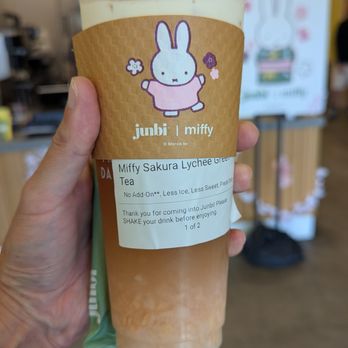 Junbi Matcha & Tea - Irvine - Miffy Sakura Lychee Green Tea with less ice, less sweet, fresh dairy - Bubble Tea Near Me - Irvine, California Junbi Matcha & Tea - Irvine - Miffy Sakura Lychee Green Tea with less ice, less sweet, fresh dairy - Bubble Tea Near Me - Irvine, California
