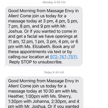 Massage Envy - Texts from them with no appointment reminders that they say they sent. - Massage Near Me - Allen, Texas