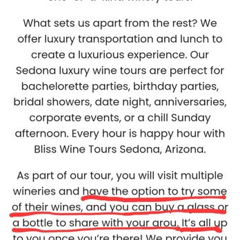Bliss Wine Tours - Be careful! Wine sampling not included with the $125 each person. You pay each winery or you ride dry. I wouldn't recommend it - Wine Tours Near Me Bliss Wine Tours - Be careful! Wine sampling not included with the $125 each person. You pay each winery or you ride dry. I wouldn't recommend it - Wine Tours Near Me