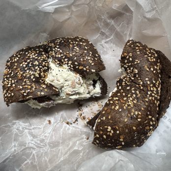 Liberty Bagels - Pumpernickel Everything with bacon scallion cream cheese - Bagels Near Me - New York, New York