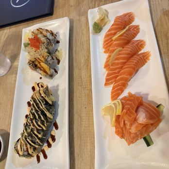 King Salmon Arcadia - 5 Piece Las Vegas (top left), Phoenix Rising (bottom left), salmon sushi (top right) and Salmon Sashimi (bottom right) - so good! - Japanese Near Me - Phoenix, Arizona