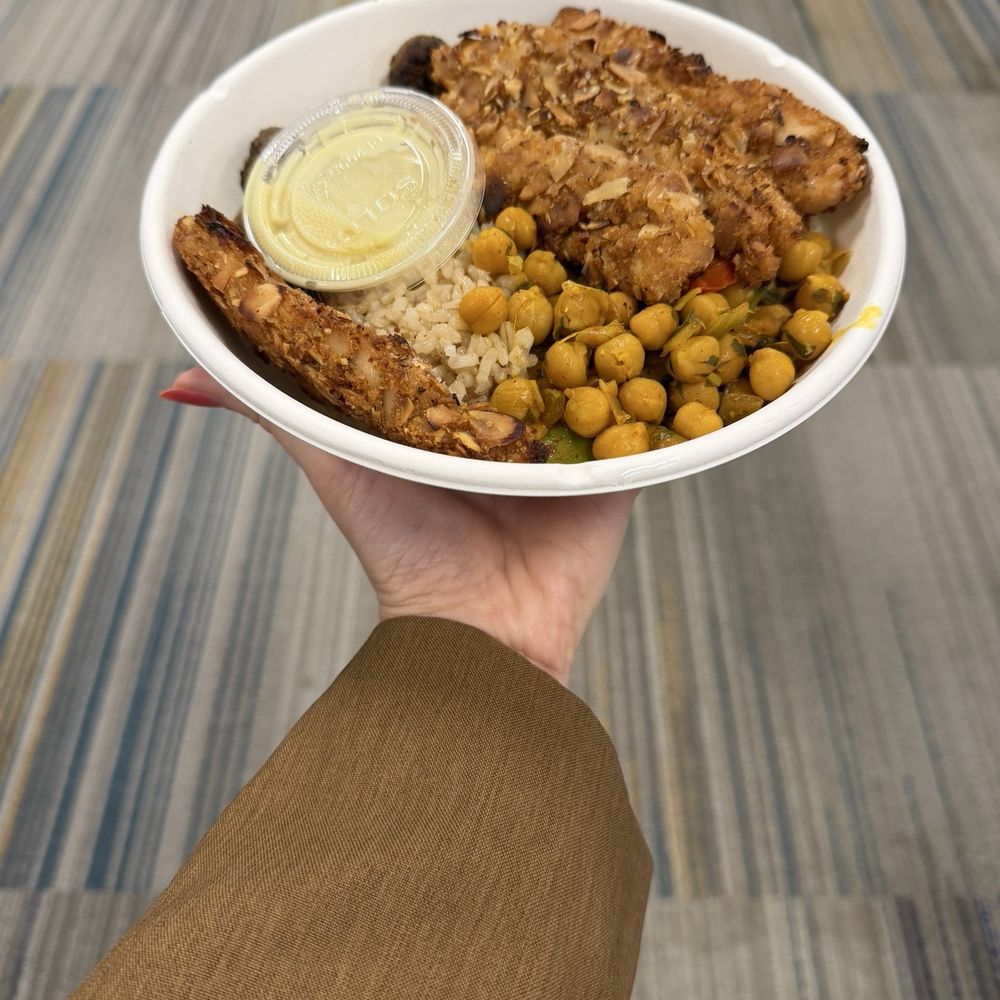 Fresh Kitchen - My meal-almond crusted chicken, chick peas, coco and brown rice, basil mushrooms, white ginger sauce. - Vegetarian Near Me - Orlando, Florida Fresh Kitchen - My meal-almond crusted chicken, chick peas, coco and brown rice, basil mushrooms, white ginger sauce. - Vegetarian Near Me - Orlando, Florida