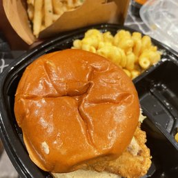 Hot chicken sandwich! Fries Mac and cheese