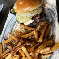 Southern Charm burger with fries and bacon added