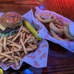 Bubba's 33 - Classic burger with seasoned fries, and a side of onion rings