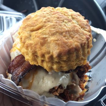 Handsome Biscuit - Hella Fitzgerald: Fried chicken, bacon, gravy, and cheddar cheese. - Breakfast & Brunch Near Me - Norfolk, Virginia Handsome Biscuit - Hella Fitzgerald: Fried chicken, bacon, gravy, and cheddar cheese. - Breakfast & Brunch Near Me - Norfolk, Virginia