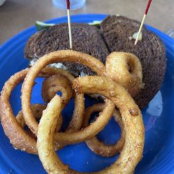 Mr Dougs Restaurant - Patty melt with upgraded onion rings for an extra 99 cents
