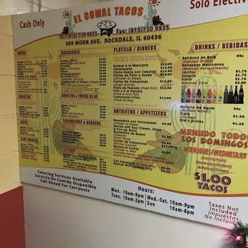 El Comal - Menu board - cash only! - Mexican Near Me - Rockdale, Illinois