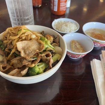 GK Mongolian BBQ - Chow mein with side of steamed rice, potsticker and soup - Mongolian Near Me - Modesto, California